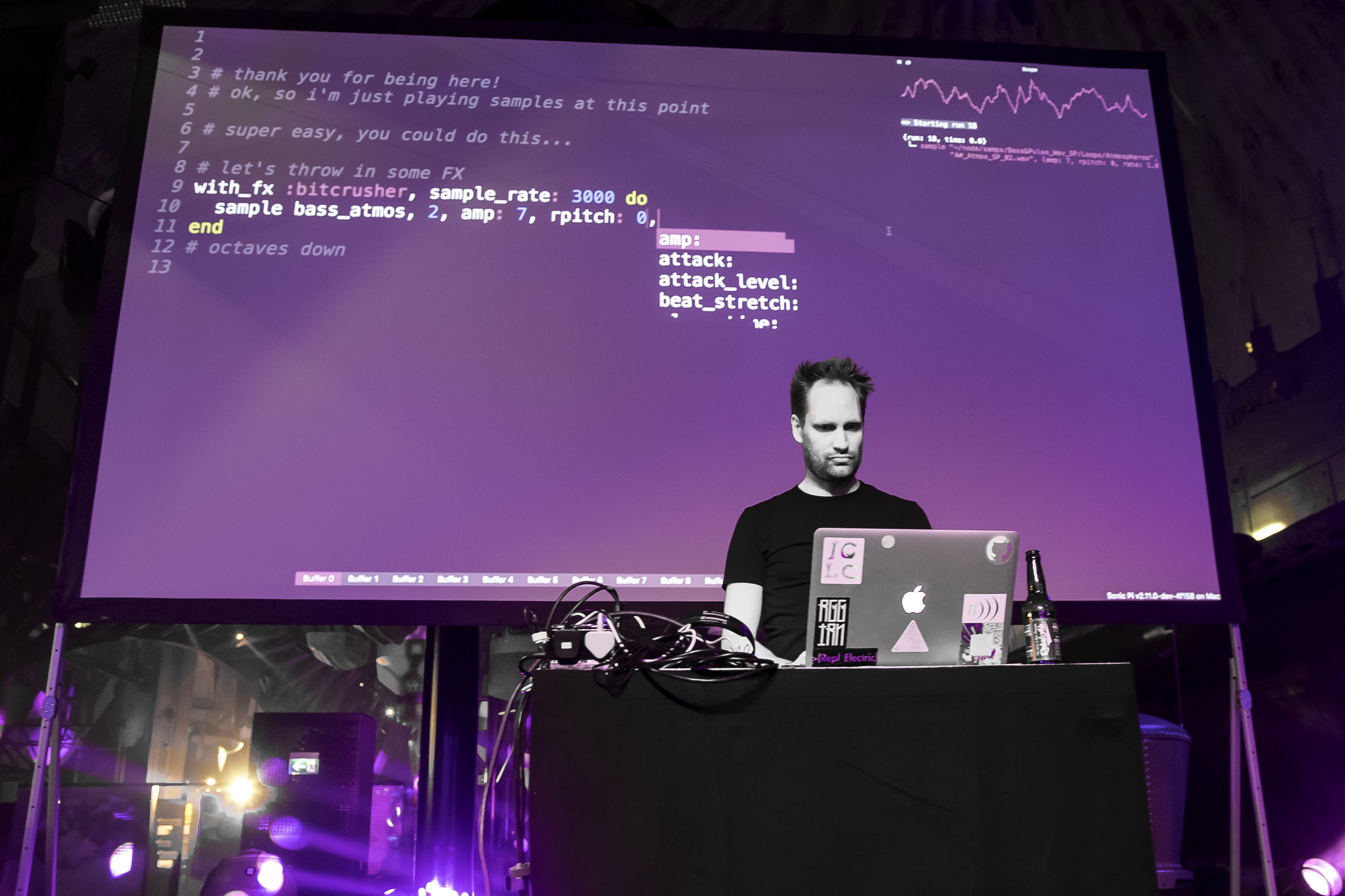 Image: Dr Sam Aaron, inventor of Sonic Pi, performs live coding for nightclub partygoers