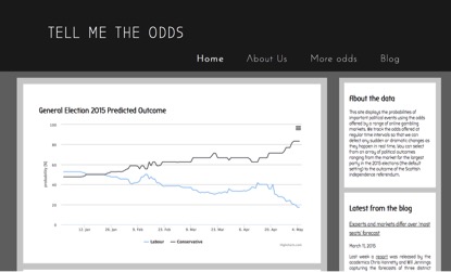 Image: Projections of outcome of 2015 General Election derived from online gambling data, as shown on the project website, tellmetheodds.com