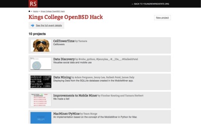 Image: List of some of the projects developed by young coders from Young Rewired State in the first hackathon held by Our Data, Ourselves: http://hacks.youngrewiredstate.org/events/Kings%20College